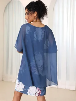 New Women's Wedding Guest Cocktail Dress Chiffon Cover Up Floral Print Tank Dress Set Elegant Formal Summer Midi Dress Crew Neck Sleeveless Women Chiffon Dresses