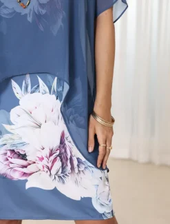 New Women's Wedding Guest Cocktail Dress Chiffon Cover Up Floral Print Tank Dress Set Elegant Formal Summer Midi Dress Crew Neck Sleeveless Women Chiffon Dresses