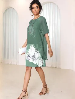 New Women's Wedding Guest Cocktail Dress Chiffon Cover Up Floral Print Tank Dress Set Elegant Formal Summer Midi Dress Crew Neck Sleeveless Women Chiffon Dresses