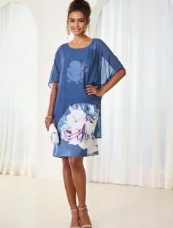 New Women's Wedding Guest Cocktail Dress Chiffon Cover Up Floral Print Tank Dress Set Elegant Formal Summer Midi Dress Crew Neck Sleeveless Women Chiffon Dresses