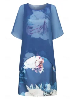 New Women's Wedding Guest Cocktail Dress Chiffon Cover Up Floral Print Tank Dress Set Elegant Formal Summer Midi Dress Crew Neck Sleeveless Women Chiffon Dresses
