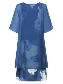 New Women's Wedding Guest Cocktail Dress Chiffon Cover Up Floral Print Tank Dress Set Elegant Formal Summer Midi Dress Crew Neck Sleeveless Women Chiffon Dresses