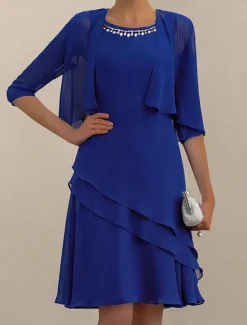 Discount Women's Wedding Guest Cocktail Dress Elegant Dress Set Work Chiffon Dress Office Fashion Ruffle Patchwork Mini Dress Crew Neck Half Sleeve Plain Summer Spring Women Chiffon Dresses