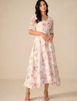 Best Women's Wedding Guest Cocktail Dress Floral Lace Button V Neck Maxi Dress Elegant Stylish Party Short Sleeve Summer Women Chiffon Dresses