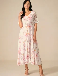 Best Women's Wedding Guest Cocktail Dress Floral Lace Button V Neck Maxi Dress Elegant Stylish Party Short Sleeve Summer Women Chiffon Dresses