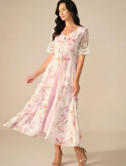 Best Women's Wedding Guest Cocktail Dress Floral Lace Button V Neck Maxi Dress Elegant Stylish Party Short Sleeve Summer Women Chiffon Dresses