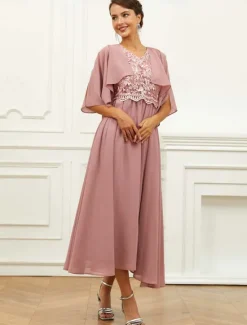 Best Women's Wedding Guest Cocktail Dress Chiffon Lace Ruffle V Neck Short Sleeve Midi Dress Party Elegant Formal Summer Women Cocktail Dress|Chiffon Dresses
