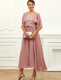 Best Women's Wedding Guest Cocktail Dress Chiffon Lace Ruffle V Neck Short Sleeve Midi Dress Party Elegant Formal Summer Women Cocktail Dress|Chiffon Dresses