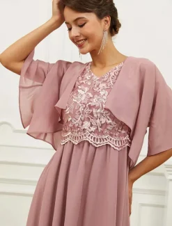 Best Women's Wedding Guest Cocktail Dress Chiffon Lace Ruffle V Neck Short Sleeve Midi Dress Party Elegant Formal Summer Women Cocktail Dress|Chiffon Dresses