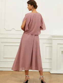 Best Women's Wedding Guest Cocktail Dress Chiffon Lace Ruffle V Neck Short Sleeve Midi Dress Party Elegant Formal Summer Women Cocktail Dress|Chiffon Dresses