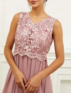 Best Women's Wedding Guest Cocktail Dress Chiffon Lace Ruffle V Neck Short Sleeve Midi Dress Party Elegant Formal Summer Women Cocktail Dress|Chiffon Dresses