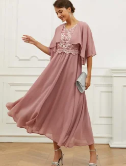 Best Women's Wedding Guest Cocktail Dress Chiffon Lace Ruffle V Neck Short Sleeve Midi Dress Party Elegant Formal Summer Women Cocktail Dress|Chiffon Dresses