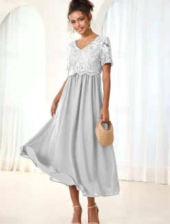 Discount Women's Wedding Guest Cocktail Dress Maxi Dress Contrast Lace Party Elegant Formal V Neck Short Sleeve Pink Green Gray Color Women Chiffon Dresses