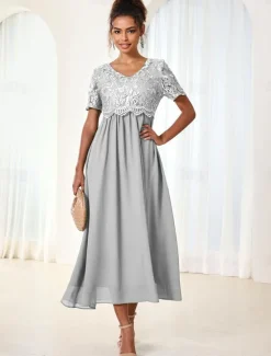Discount Women's Wedding Guest Cocktail Dress Maxi Dress Contrast Lace Party Elegant Formal V Neck Short Sleeve Pink Green Gray Color Women Chiffon Dresses