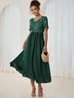 Discount Women's Wedding Guest Cocktail Dress Maxi Dress Contrast Lace Party Elegant Formal V Neck Short Sleeve Pink Green Gray Color Women Chiffon Dresses