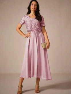 Discount Women's Wedding Guest Cocktail Dress Maxi Dress Contrast Lace Party Elegant Formal V Neck Short Sleeve Pink Green Gray Color Women Chiffon Dresses