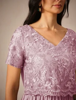 Discount Women's Wedding Guest Cocktail Dress Maxi Dress Contrast Lace Party Elegant Formal V Neck Short Sleeve Pink Green Gray Color Women Chiffon Dresses