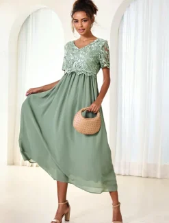 Discount Women's Wedding Guest Cocktail Dress Maxi Dress Contrast Lace Party Elegant Formal V Neck Short Sleeve Pink Green Gray Color Women Chiffon Dresses