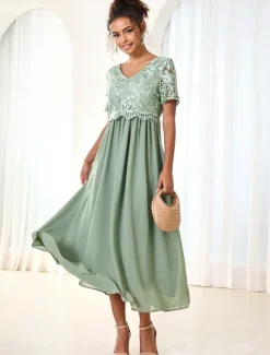 Discount Women's Wedding Guest Cocktail Dress Maxi Dress Contrast Lace Party Elegant Formal V Neck Short Sleeve Pink Green Gray Color Women Chiffon Dresses