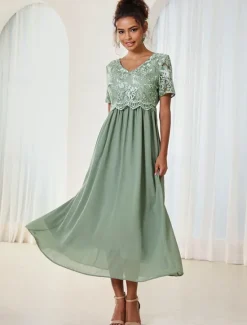 Discount Women's Wedding Guest Cocktail Dress Maxi Dress Contrast Lace Party Elegant Formal V Neck Short Sleeve Pink Green Gray Color Women Chiffon Dresses