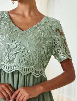 Discount Women's Wedding Guest Cocktail Dress Maxi Dress Contrast Lace Party Elegant Formal V Neck Short Sleeve Pink Green Gray Color Women Chiffon Dresses