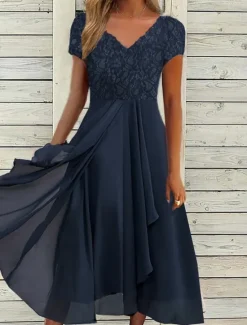New Women's Wedding Guest Cocktail Dress Elegant Midi Dress V-Neck Lace Short Sleeve Chiffon Flowy Evening Party Summer Women Chiffon Dresses