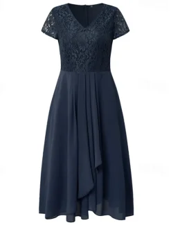New Women's Wedding Guest Cocktail Dress Elegant Midi Dress V-Neck Lace Short Sleeve Chiffon Flowy Evening Party Summer Women Chiffon Dresses