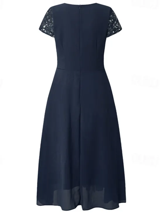 New Women's Wedding Guest Cocktail Dress Elegant Midi Dress V-Neck Lace Short Sleeve Chiffon Flowy Evening Party Summer Women Chiffon Dresses