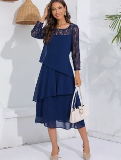 New Women's Wedding Guest Cocktail Dress Lace Ruffle Elegant Vacation Spring Winter Midi Dress Crew Neck Long Sleeve Women Cocktail Dress|Chiffon Dresses