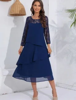 New Women's Wedding Guest Cocktail Dress Lace Ruffle Elegant Vacation Spring Winter Midi Dress Crew Neck Long Sleeve Women Cocktail Dress|Chiffon Dresses