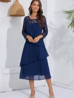 New Women's Wedding Guest Cocktail Dress Lace Ruffle Elegant Vacation Spring Winter Midi Dress Crew Neck Long Sleeve Women Cocktail Dress|Chiffon Dresses
