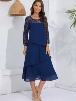 New Women's Wedding Guest Cocktail Dress Lace Ruffle Elegant Vacation Spring Winter Midi Dress Crew Neck Long Sleeve Women Cocktail Dress|Chiffon Dresses