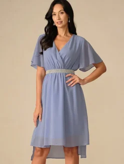 Discount Women's Wedding Guest Cocktail Dress Bridesmaid Chiffon Split Thigh Elegant Midi Dress V Neck Short Flounce Sleeve Pink Blue Green Color Women Chiffon Dresses
