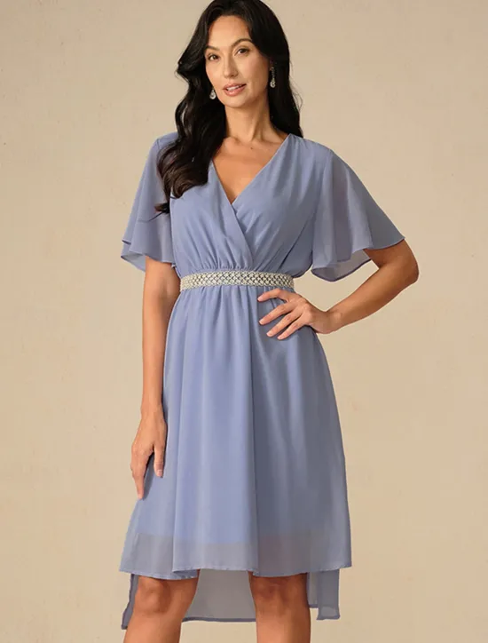 Discount Women's Wedding Guest Cocktail Dress Bridesmaid Chiffon Split Thigh Elegant Midi Dress V Neck Short Flounce Sleeve Pink Blue Green Color Women Chiffon Dresses