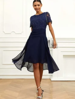 Sale Women's Wedding Guest Cocktail Dress Chiffon Lace Ruched Crew Neck Short Sleeve Midi Dress Party Elegant Formal Summer Women Chiffon Dresses|Cocktail Dress