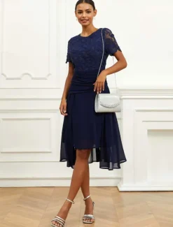 Sale Women's Wedding Guest Cocktail Dress Chiffon Lace Ruched Crew Neck Short Sleeve Midi Dress Party Elegant Formal Summer Women Chiffon Dresses|Cocktail Dress