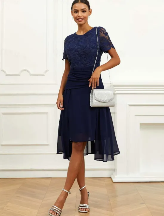 Sale Women's Wedding Guest Cocktail Dress Chiffon Lace Ruched Crew Neck Short Sleeve Midi Dress Party Elegant Formal Summer Women Chiffon Dresses|Cocktail Dress