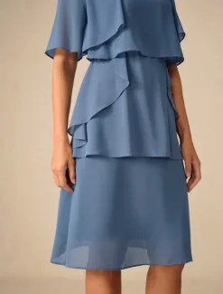 Outlet Women's Wedding Guest Cocktail Dress Ruffle Elegant Layered Midi Summer Spring Dress Crew Neck Half Sleeve Midi Dress Women Chiffon Dresses|Cocktail Dress