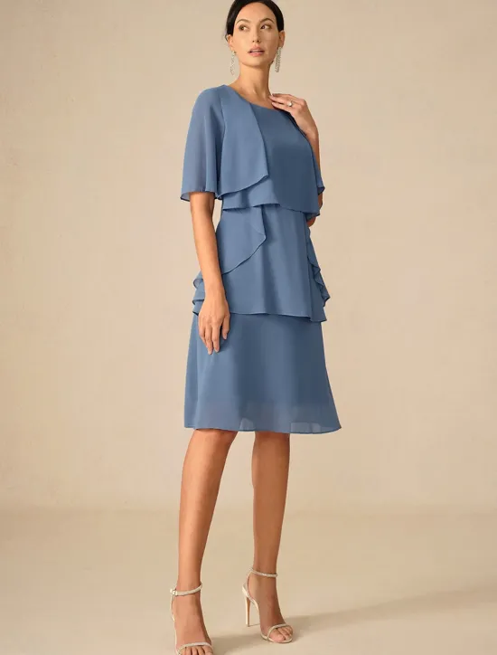 Outlet Women's Wedding Guest Cocktail Dress Ruffle Elegant Layered Midi Summer Spring Dress Crew Neck Half Sleeve Midi Dress Women Chiffon Dresses|Cocktail Dress