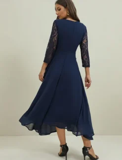 Clearance Women's Wedding Guest Cocktail Dress Elegant Lace Patchwork Prom Chiffon Midi Dress Crew Neck 3/4 Length Sleeve Spring Fall Women Chiffon Dresses|Cocktail Dress