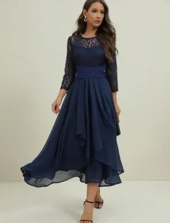 Clearance Women's Wedding Guest Cocktail Dress Elegant Lace Patchwork Prom Chiffon Midi Dress Crew Neck 3/4 Length Sleeve Spring Fall Women Chiffon Dresses|Cocktail Dress