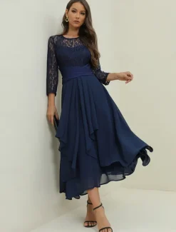 Clearance Women's Wedding Guest Cocktail Dress Elegant Lace Patchwork Prom Chiffon Midi Dress Crew Neck 3/4 Length Sleeve Spring Fall Women Chiffon Dresses|Cocktail Dress