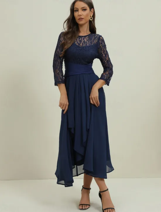 Clearance Women's Wedding Guest Cocktail Dress Elegant Lace Patchwork Prom Chiffon Midi Dress Crew Neck 3/4 Length Sleeve Spring Fall Women Chiffon Dresses|Cocktail Dress