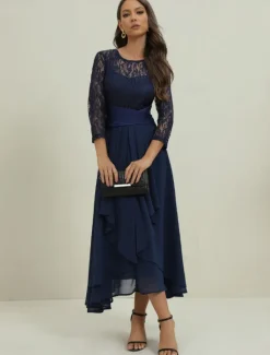 Clearance Women's Wedding Guest Cocktail Dress Elegant Lace Patchwork Prom Chiffon Midi Dress Crew Neck 3/4 Length Sleeve Spring Fall Women Chiffon Dresses|Cocktail Dress
