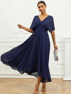 Outlet Women's Wedding Guest Cocktail Dress A Line Midi Chiffon Ruched Belted Elegant Formal One Shoulder Sleeveless Dress Color Women Chiffon Dresses