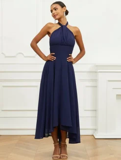 Outlet Women's Wedding Guest Cocktail Dress A Line Midi Chiffon Ruched Belted Elegant Formal One Shoulder Sleeveless Dress Color Women Chiffon Dresses