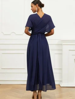 Outlet Women's Wedding Guest Cocktail Dress A Line Midi Chiffon Ruched Belted Elegant Formal One Shoulder Sleeveless Dress Color Women Chiffon Dresses