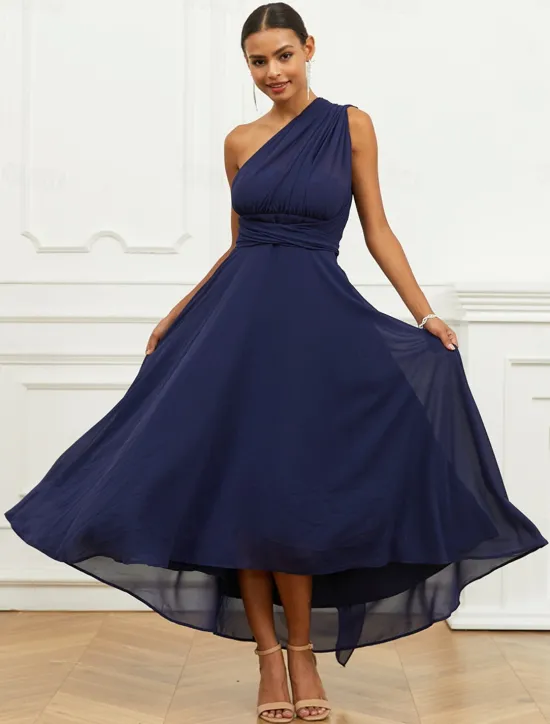 Outlet Women's Wedding Guest Cocktail Dress A Line Midi Chiffon Ruched Belted Elegant Formal One Shoulder Sleeveless Dress Color Women Chiffon Dresses