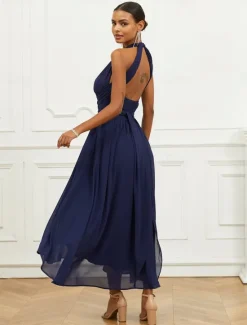 Outlet Women's Wedding Guest Cocktail Dress A Line Midi Chiffon Ruched Belted Elegant Formal One Shoulder Sleeveless Dress Color Women Chiffon Dresses
