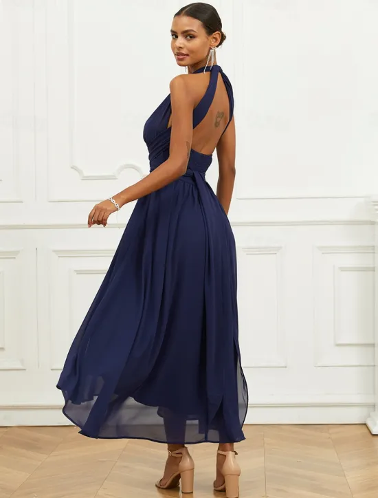 Outlet Women's Wedding Guest Cocktail Dress A Line Midi Chiffon Ruched Belted Elegant Formal One Shoulder Sleeveless Dress Color Women Chiffon Dresses